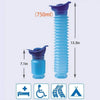 A blue portable telescopic urinal bottle with a 750ml capacity and various usage icons.