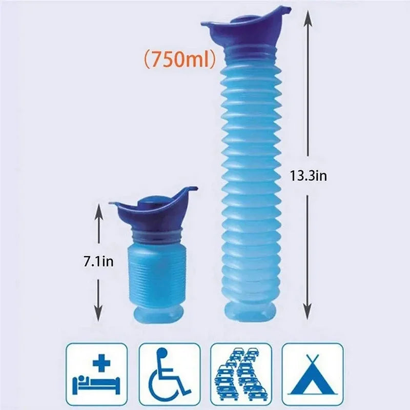 A blue portable telescopic urinal bottle with a 750ml capacity and various usage icons.