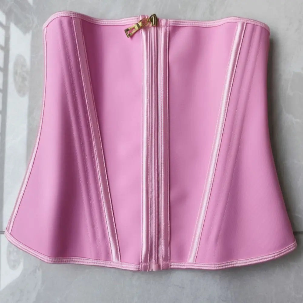 Corset de gainage couleur rose, sans couture, avec fermeture éclair et galons.