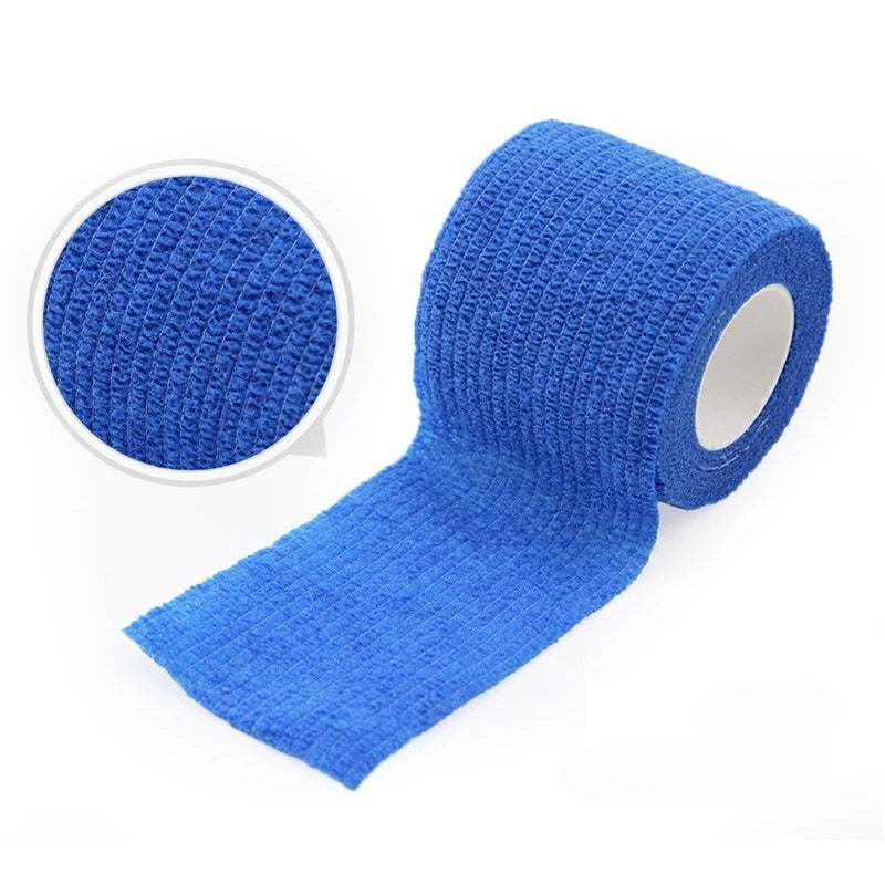 Roll of blue self-adhesive elastic bandage tape with a circular view of the material.