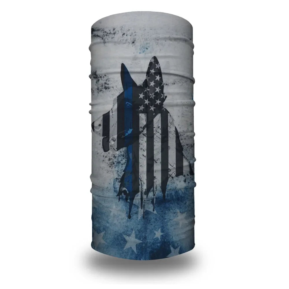 A cylindrical tube bandana featuring a distressed blue and white design of the American flag.