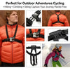 Orange outdoor jacket with a black chest strap kit for hands-free mounting of phones and cameras