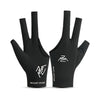 A pair of black breathable billiard playing gloves with a white mountain icon logo.
