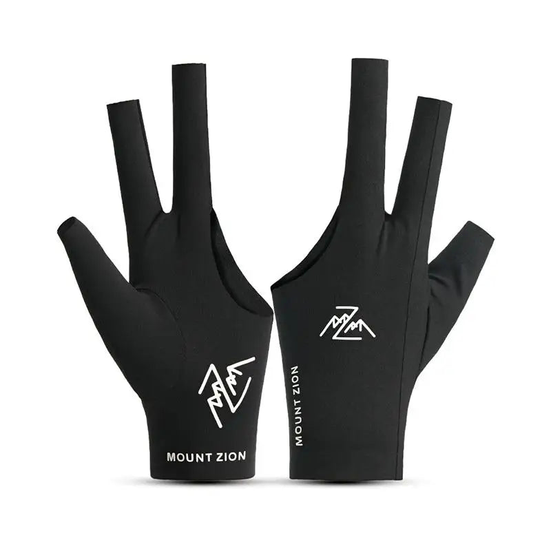 A pair of black breathable billiard playing gloves with a white mountain icon logo.