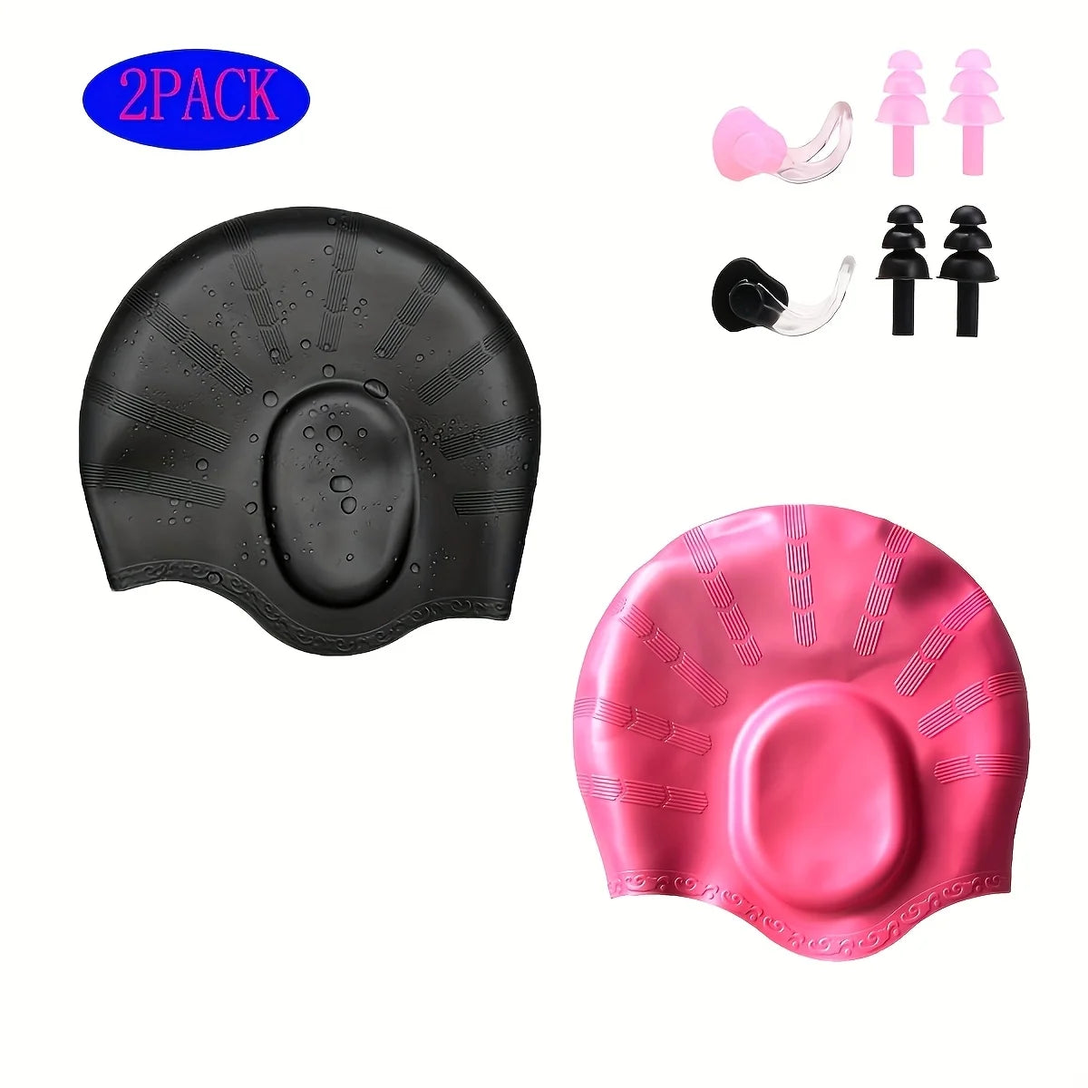 Ein Set aus zwei Silikon-Badekappen, eine schwarz und eine pink, zum Schutz des Haares.