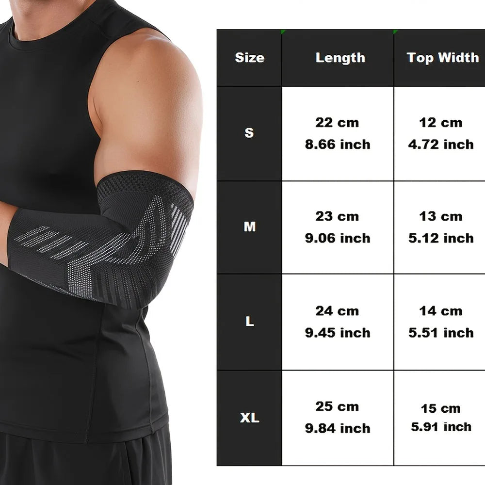 Black breathable stretchy elbow support sleeves in various sizes S to XL shown on a table.