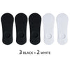 A set of five men's invisible silicone no-show socks, consisting of three black and two white pairs.