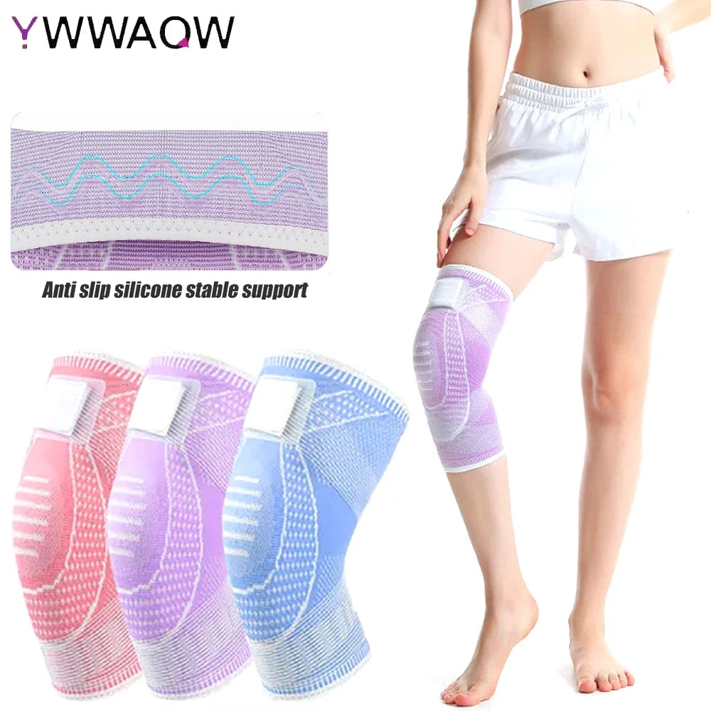 Various purple and pink silicone knee compression sleeves for pain relief