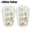 A pair of white yellow durable shin guards for soccer and football training.