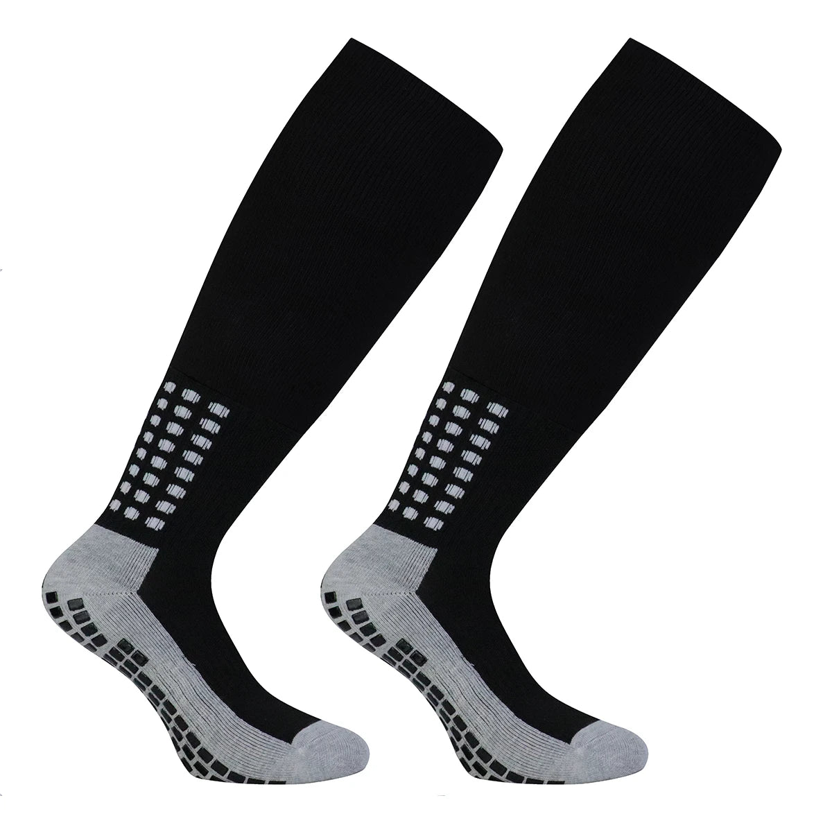 A pair of black professional training football socks with a grey cuff and patterned foot section.