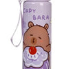 A purple cute capybara water bottle with a straw and handle.