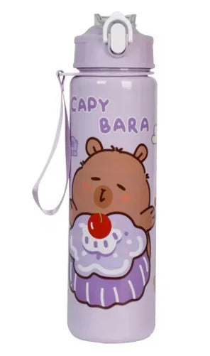 A purple cute capybara water bottle with a straw and handle.