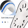 Close-up view of a white soccer shin guard with black perforations and a blue inner layer.