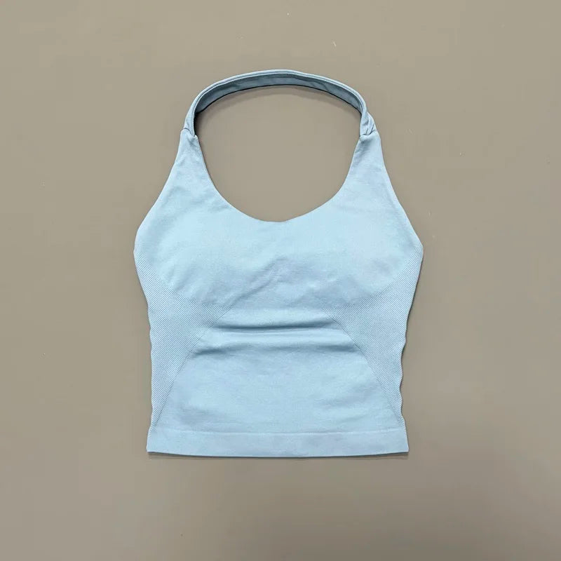 Hellblaue, nahtlose Strick-Gym-Tanktop mit Rundhalsausschnitt und Racerback-Design