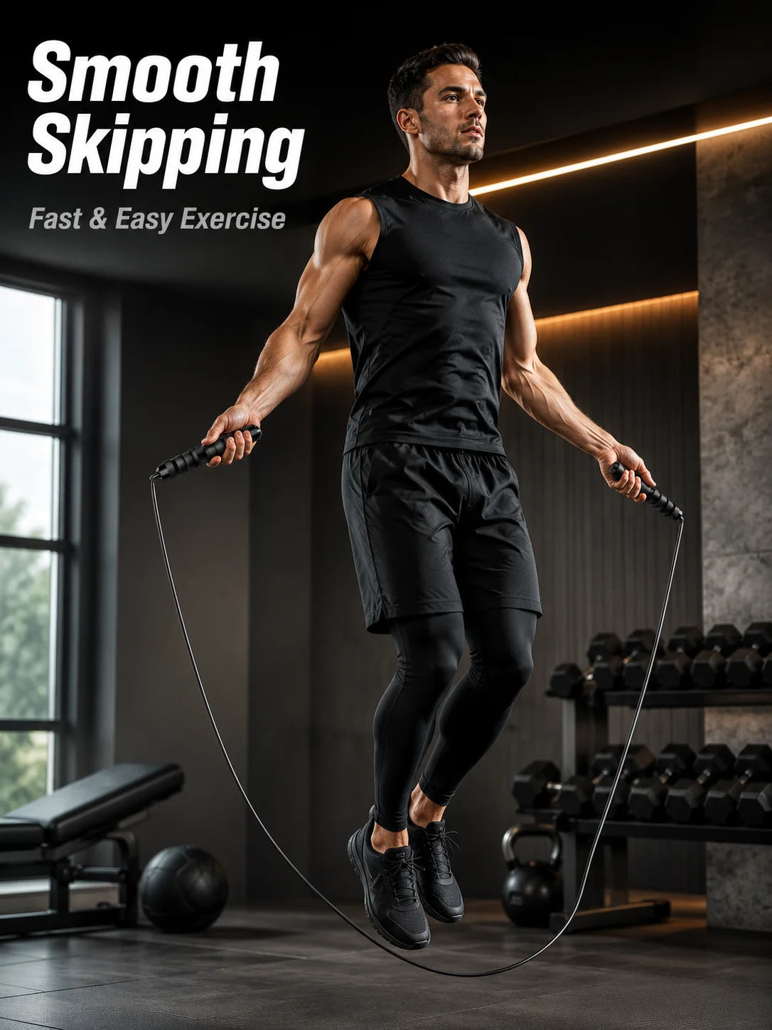 A muscular man performs smooth skipping with an adjustable weighted speed jump rope in a gym setting.