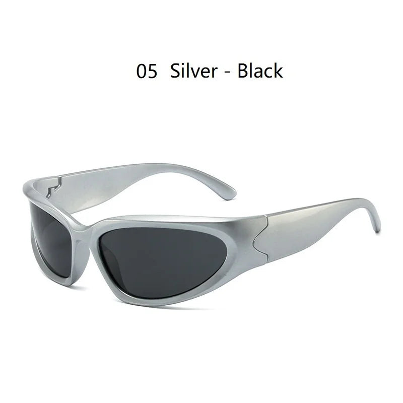 Silver-black Y2K retro sports sunglasses shown in a studio shot.