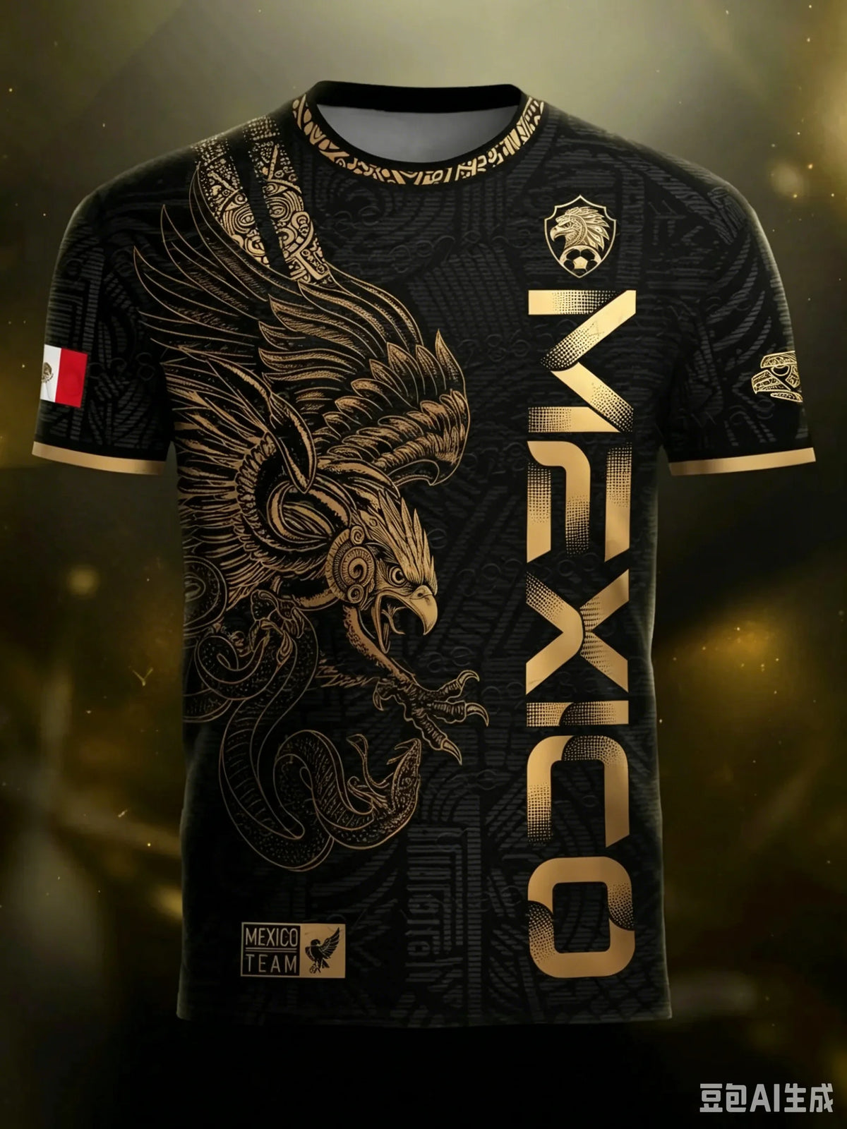 A black soccer jersey featuring a gold-toned eagle design and the word MEXICO printed on the front.