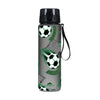A black water bottle featuring a green and black football pattern.