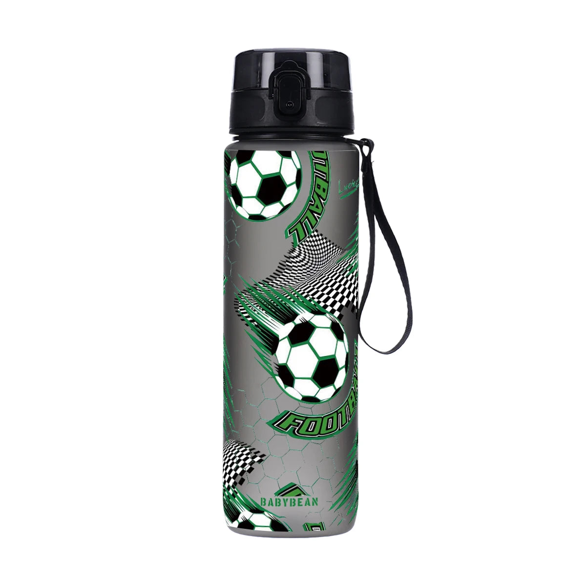 A black water bottle featuring a green and black football pattern.