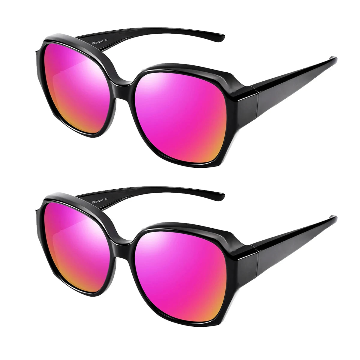 Eine schwarze, polarisierte, überdimensionierte Sonnenbrille mit leuchtend pinken Linsen.