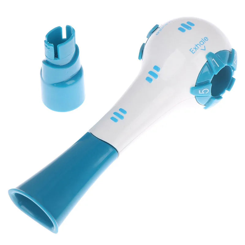 A white and blue adjustable handheld lung expansion trainer with a silicone mouthpiece and tubing.