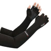 Black multi-functional sport arm sleeves worn on a hand and forearm.
