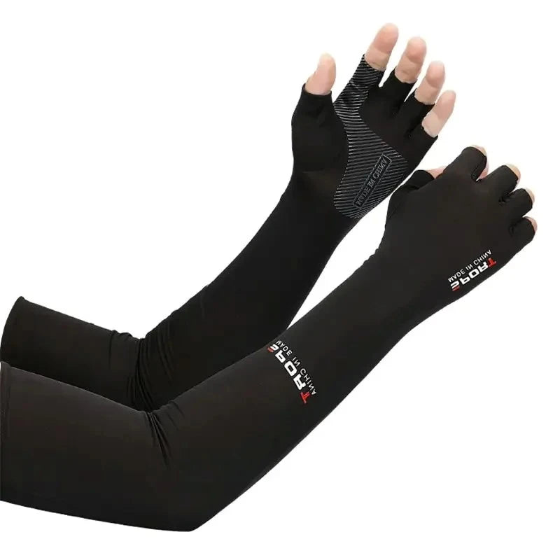 Black multi-functional sport arm sleeves worn on a hand and forearm.