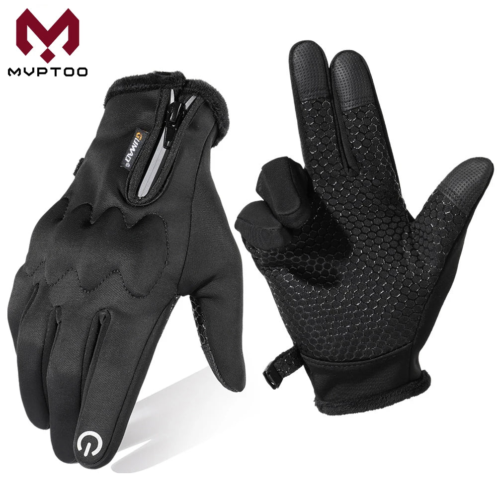 A pair of black touch screen winter tactical gloves shown against a white background.