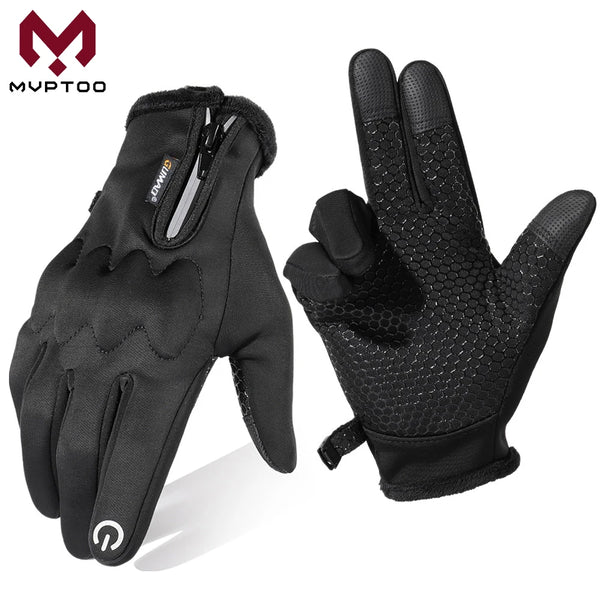 A pair of black touch screen winter tactical gloves shown against a white background.