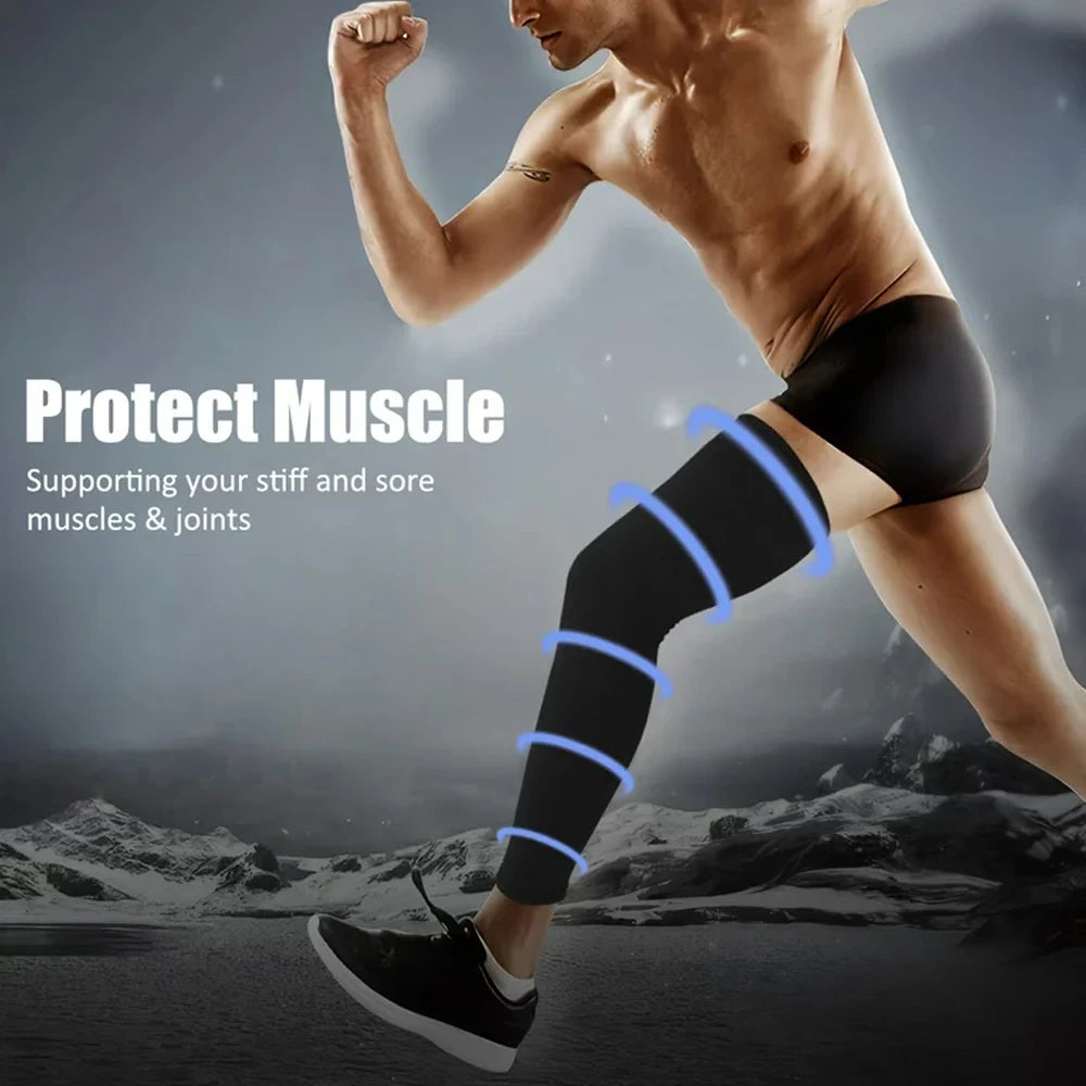 A muscular person wearing black compression leg sleeves while exercising outdoors.