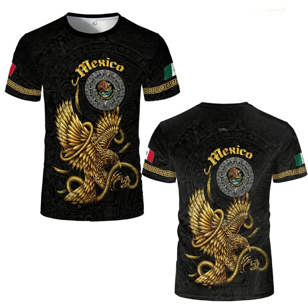 Black men's t-shirt featuring a gold eagle graphic with the word Mexico and Mexican flag accents