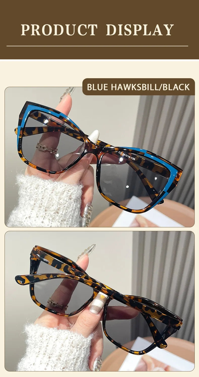 Blue Hawksbill sunglasses in black featuring a leopard print frame and clear lenses.