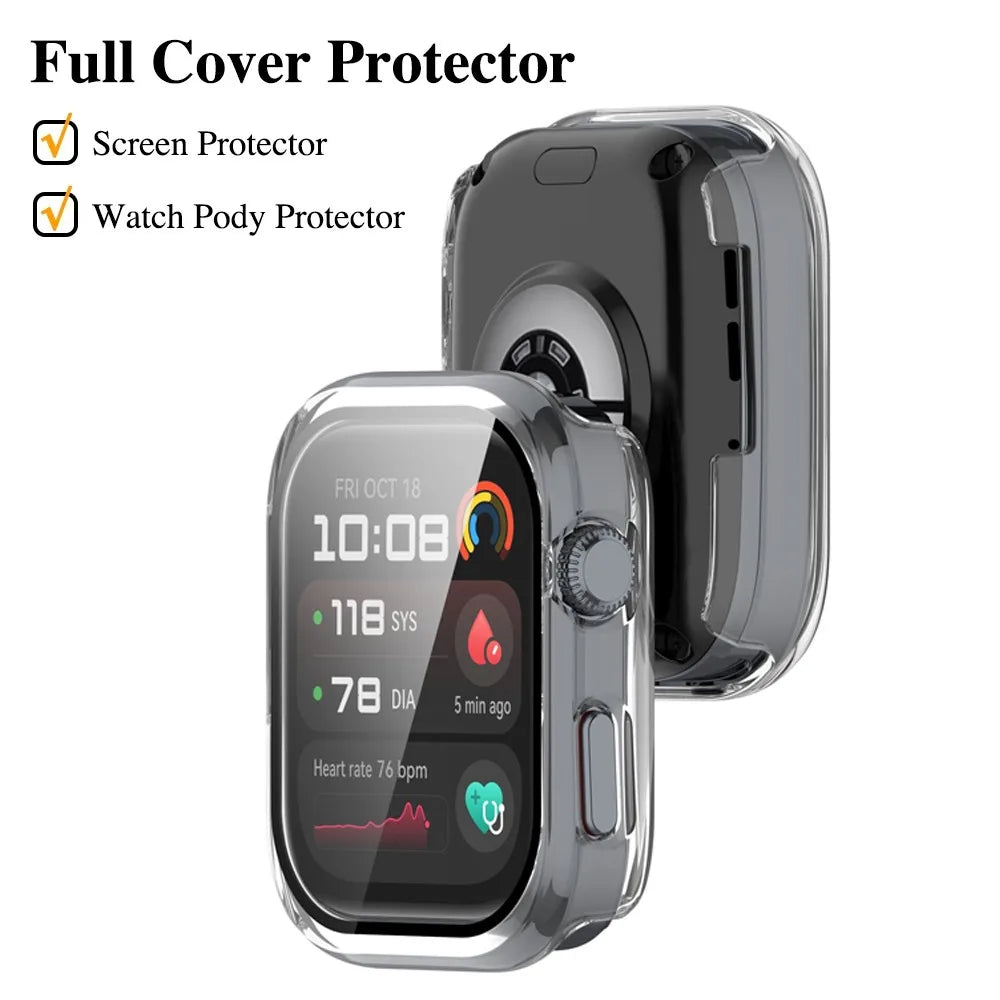 A clear protective case for a smartwatch, showing options for screen and watch body protection.