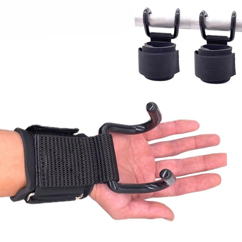 Schwarzer verstellbarer Gewichtheben-Haken mit Handgelenksbindungen auf einer Hand.