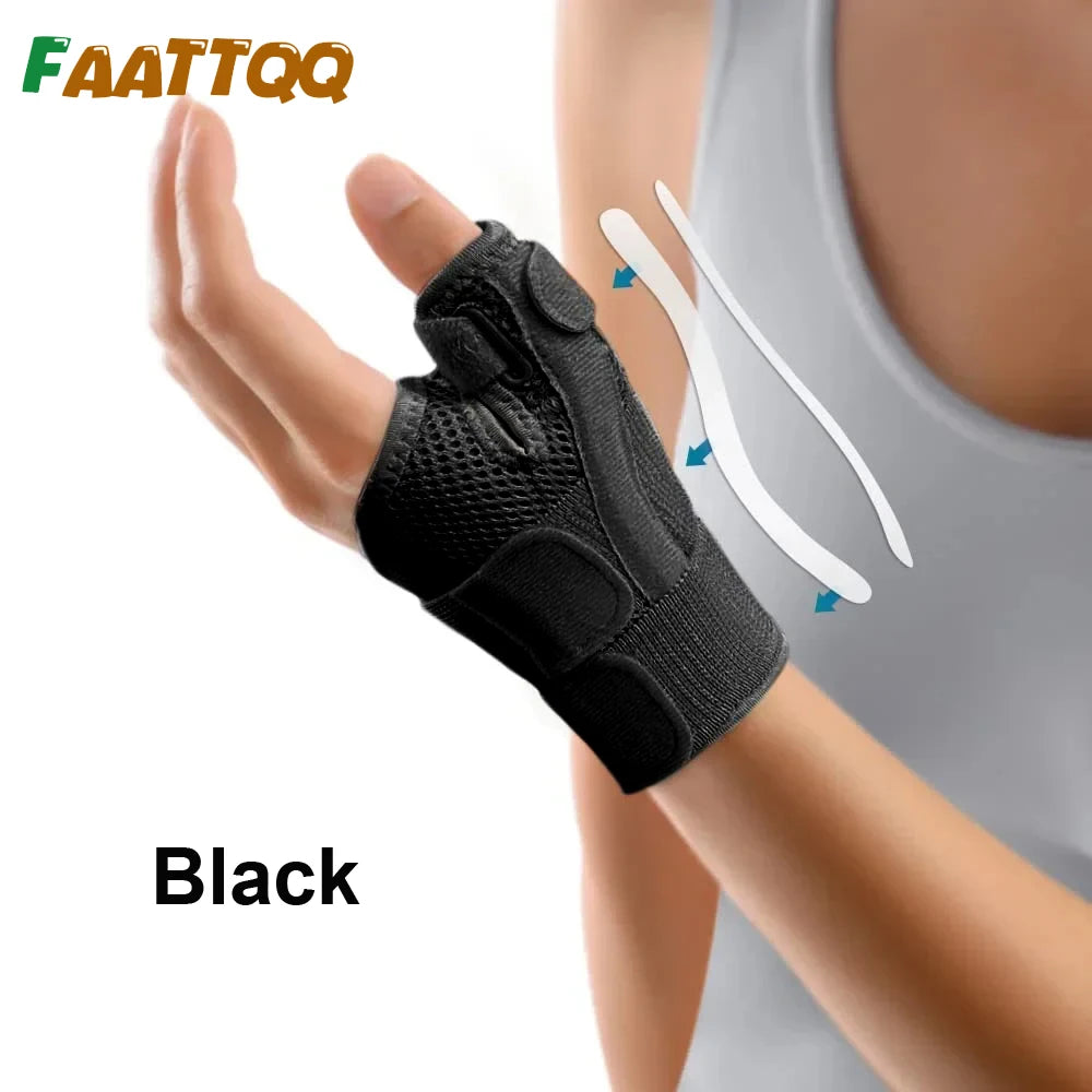 Black flexible thumb splint wrist brace worn on a hand for joint support.