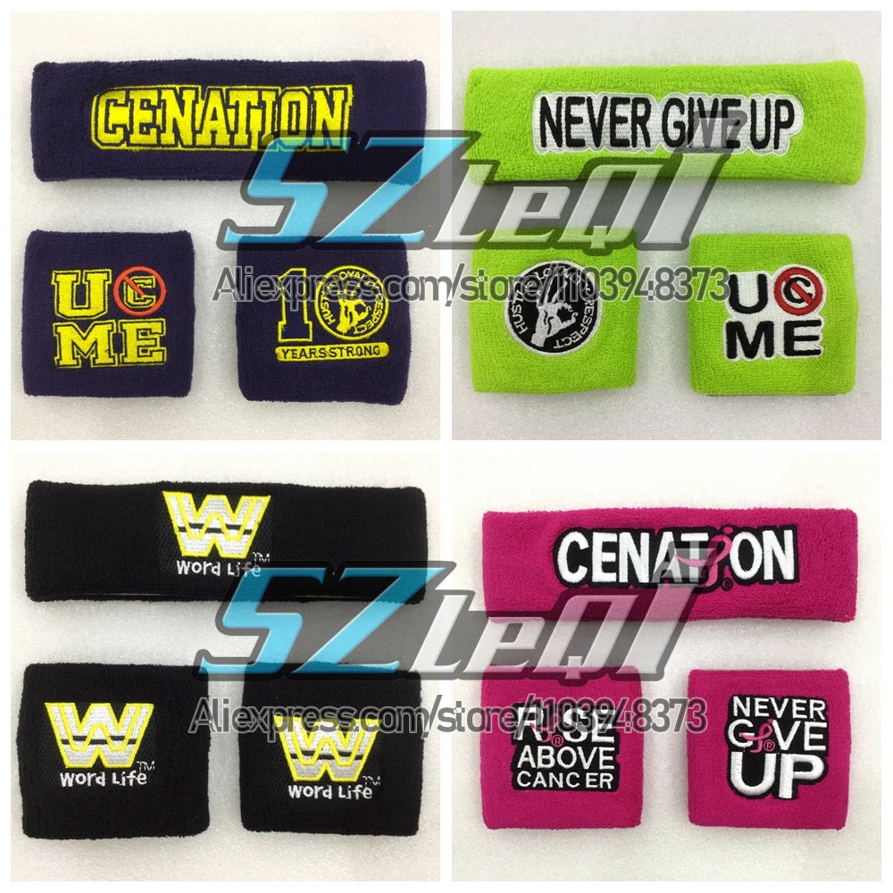 Un set de pulseras deportivas de algodón en negro y verde neón con textos como CENATION, NEVER GIVE UP y WORD LIFE.