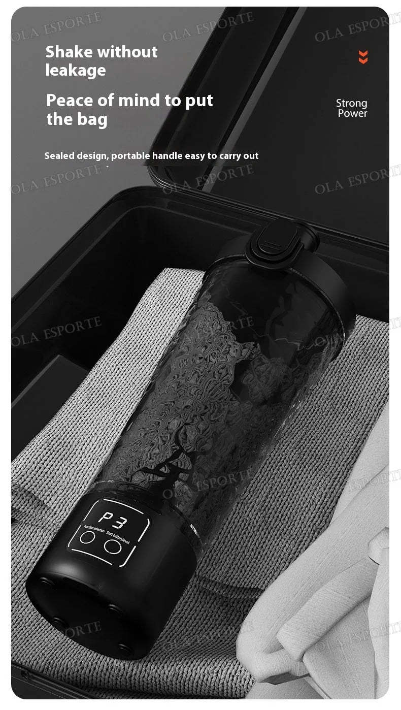 A black electric shaker bottle with a textured design is shown inside a dark container.