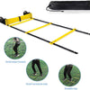 A yellow and black agility ladder set with a black bag, demonstrating small steps forward and transverse steps.
