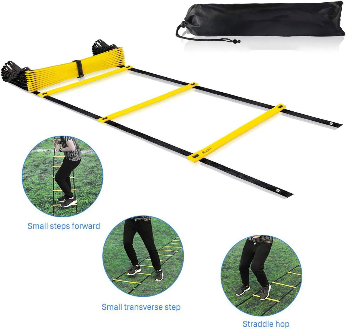 A yellow and black agility ladder set with a black bag, demonstrating small steps forward and transverse steps.