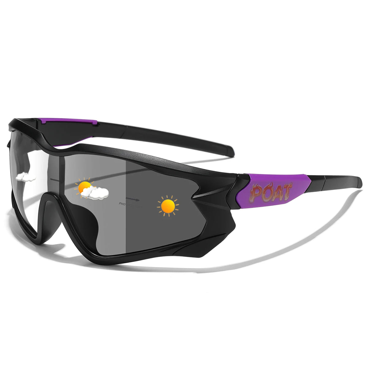 A pair of black photochromic sports sunglasses with purple accents and a yellow sun graphic.