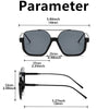 A pair of black UV400 double beam sunglasses shown with various measurements.