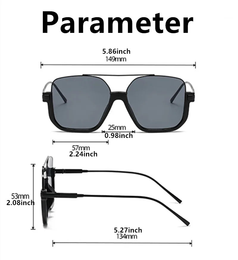 A pair of black UV400 double beam sunglasses shown with various measurements.