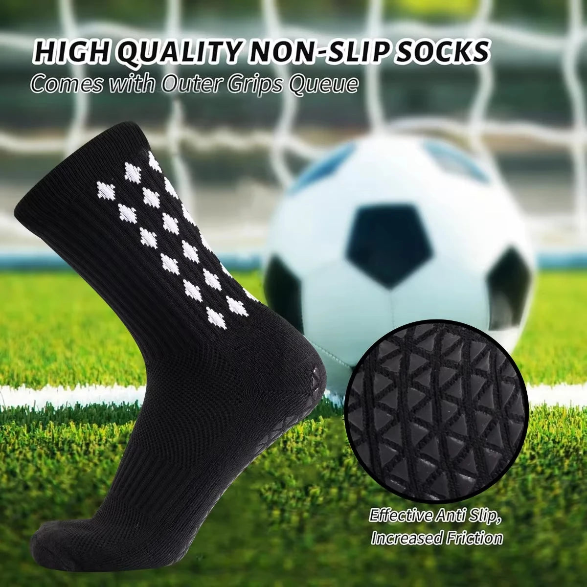 Black non-slip athletic socks with outer grips shown next to a soccer ball on a green field.