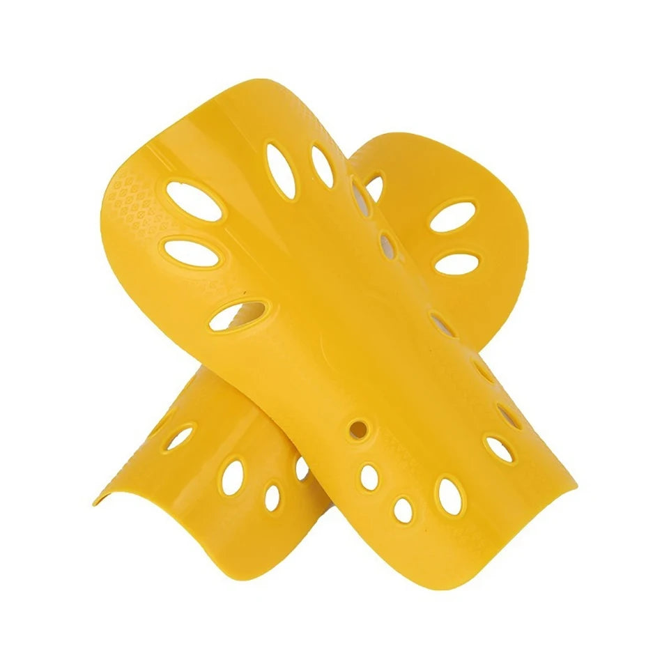Yellow adjustable EVA soccer shin guards shown in various angles