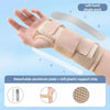 A hand wearing a beige wrist brace for carpal tunnel relief, showing the detachable aluminum plate and soft plastic support s