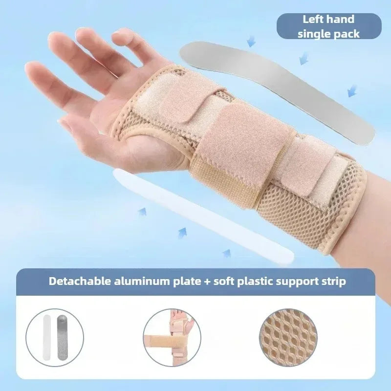 A hand wearing a beige wrist brace for carpal tunnel relief, showing the detachable aluminum plate and soft plastic support s