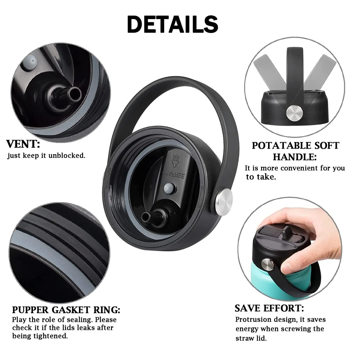 Details einer schwarzen flexible Strohdeckel mit Silikondichtung und weichem Griff für einfache Handhabung.