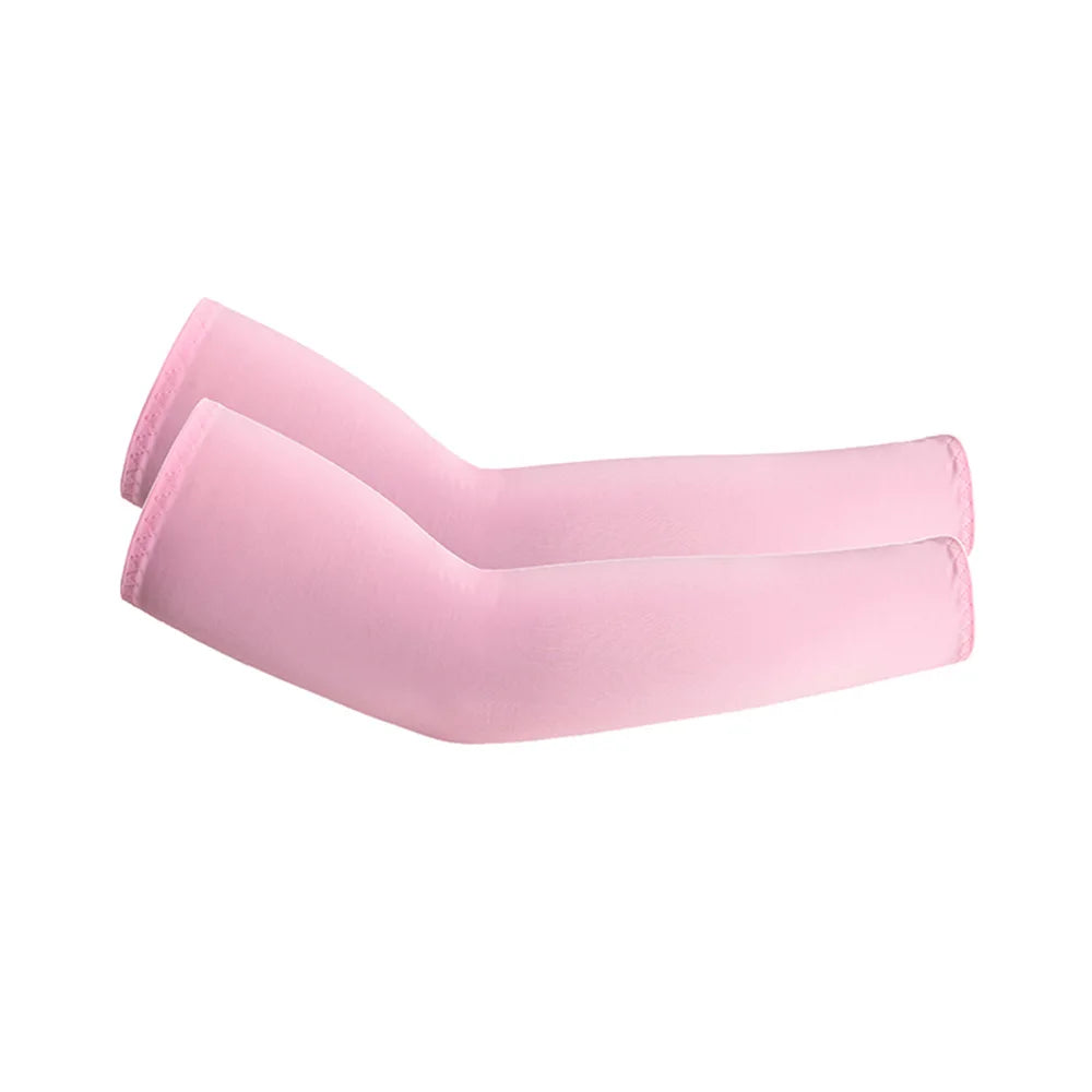 Pink unisex cooling arm sleeves for UV protection shown flat