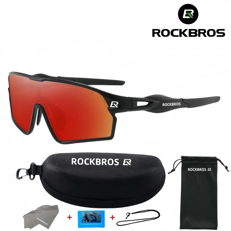 A pair of black polarized cycling sunglasses with red lenses and a matching storage pouch.