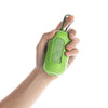 A hand holds a bright green instant cooling towel for sports and fitness, which is attached to a carabiner.
